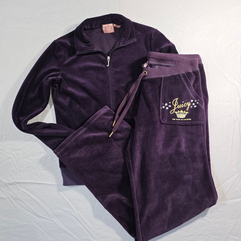 Juicy Couture Velour Tracksuit Set Large Purple Gold Crown Y2K Vintage McBling